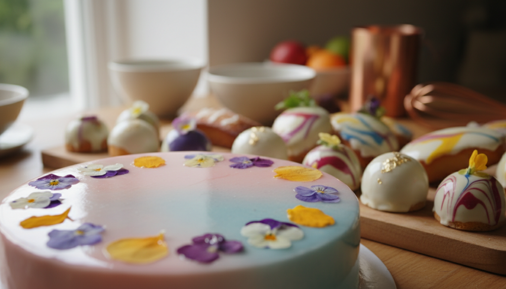 Aesthetic Pastry with Cocoa Butter Enrobed Flowers Aesthetic Pastry with Cocoa Butter Enrobed Flowers